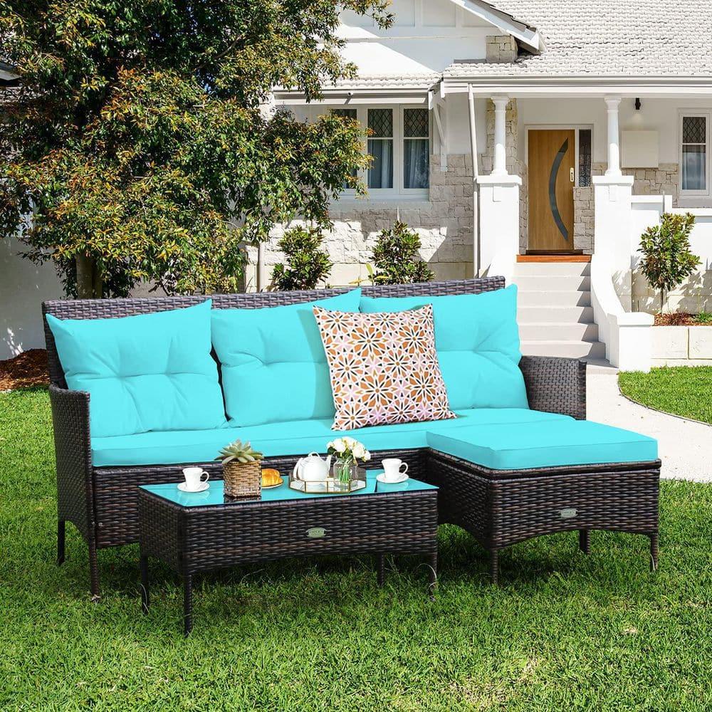 Valita 3-Piece Outdoor PE Rattan Furniture Set Patio Black Wicker Conversation Loveseat Sofa Sectional Couch Turquoise Cushion