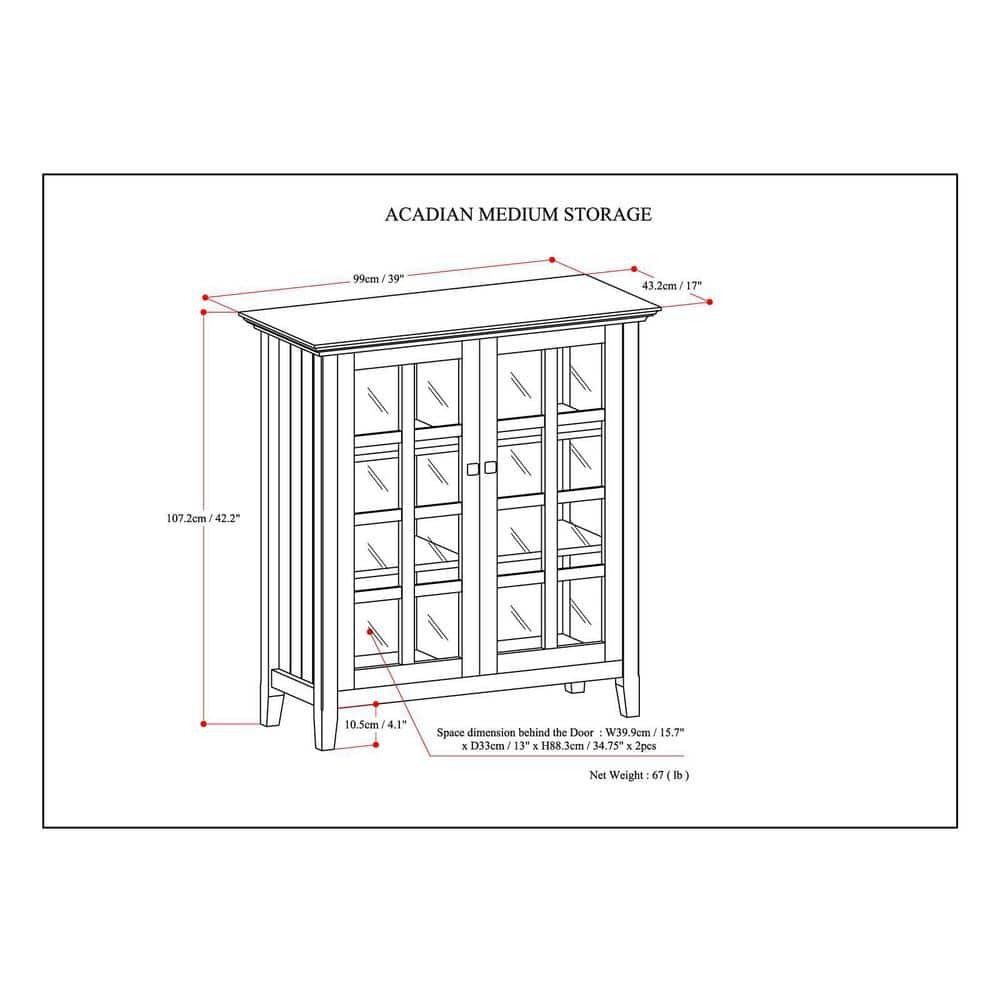 Simpli Home Acadian Solid Wood Shelf Storage Cabinet with Glass Doors and Adjustable Shelves
