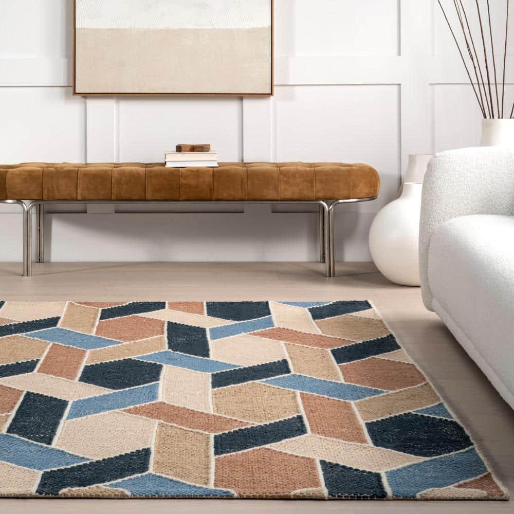 Nuloom Rhea Geometric 5x8 Wool Jute Indoor Area Rug for Dining Room Rug Neutral Rug Living Room Rug Kitchen, Blue