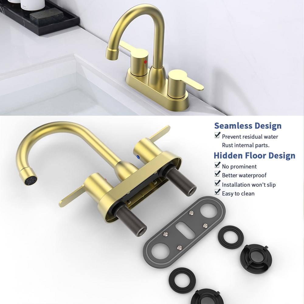 Brushed Gold Bathroom Faucet - 2 Handle, 360 Degree Swivel Spout, Centerset, 4 Inch Vanity, RV & Lavatory Use