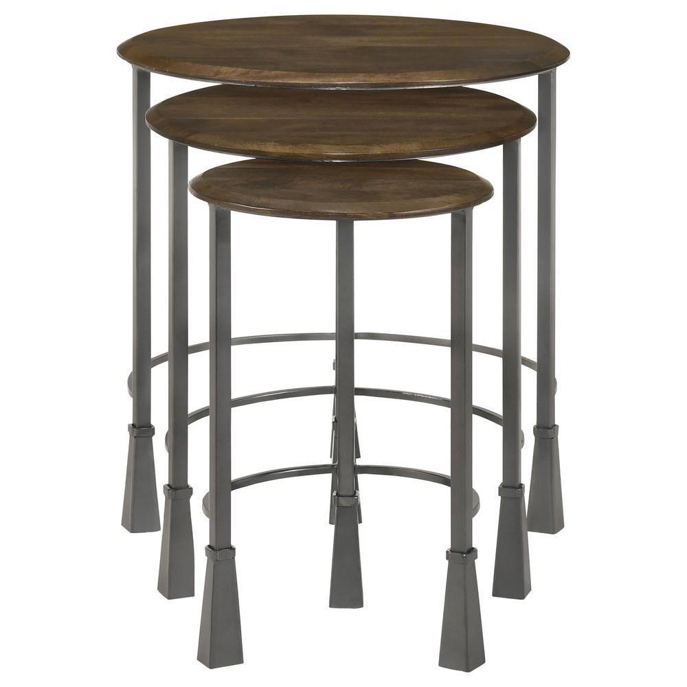 Coaster Deja 3-Piece Round Wood Top Nesting Table in Gunmetal/Natural
