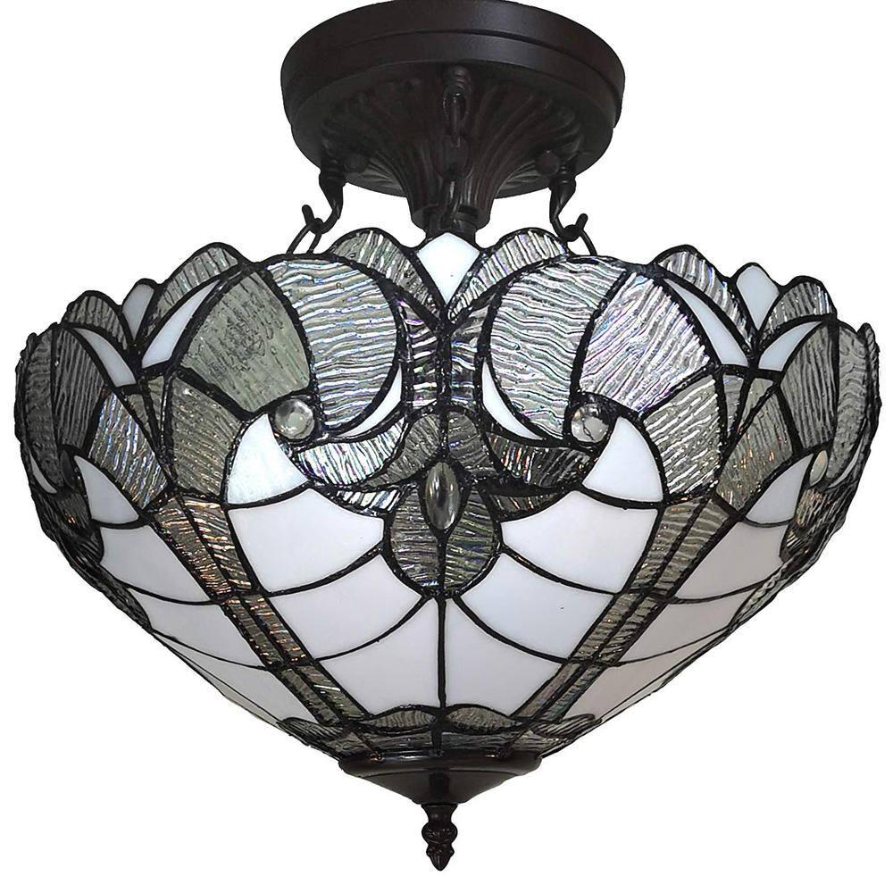 Tiffany Style 2 Light Vintage Semi-Flush Ceiling Lamp - 16" Wide