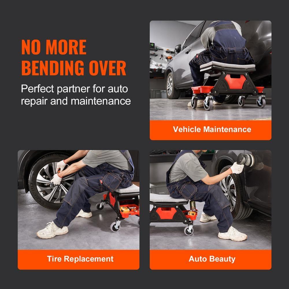 KFFKFF Mechanics Stool, 300 lbs Capacity Rolling Mechanic Seat with 4" Wheels, with Three Slide Out Tool Trays and Drawer, Home Garage DIY Automotive