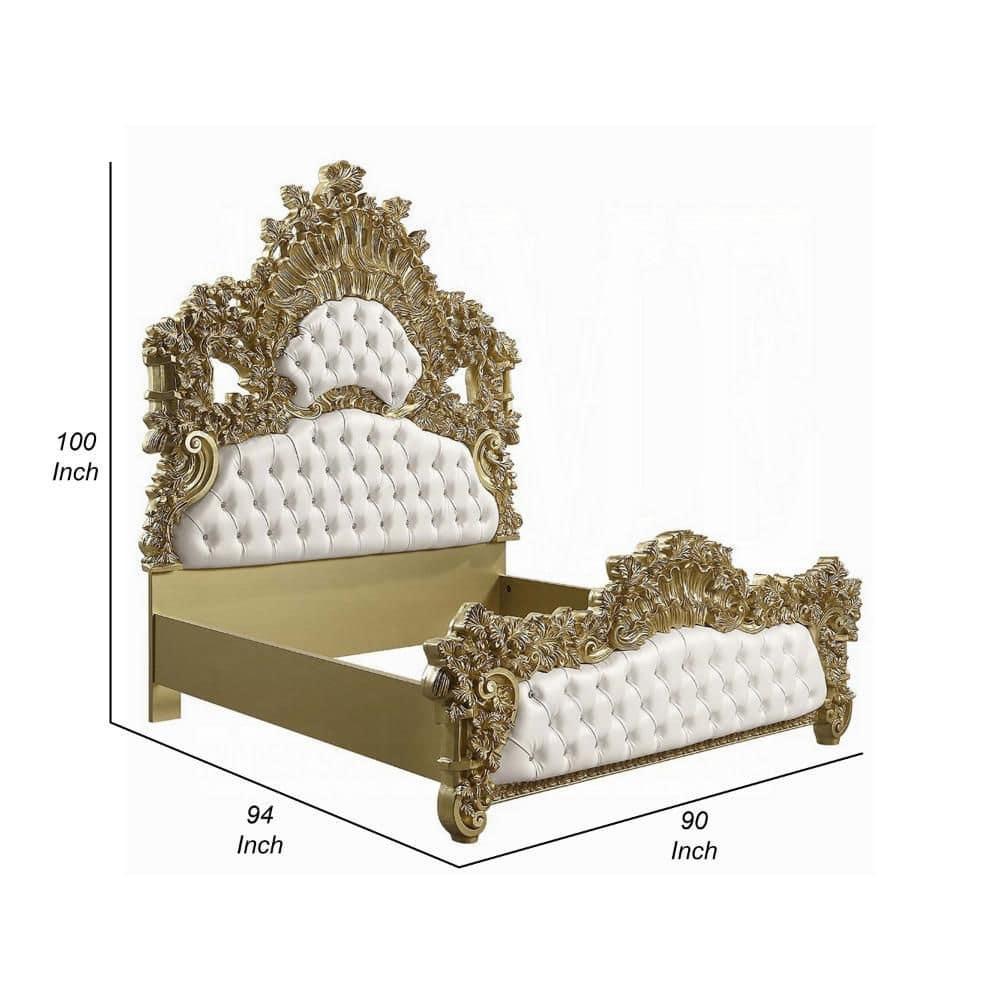 Benjara Rexx King Bed, White Faux Leather Victorian Carved, Classic Gold Wood