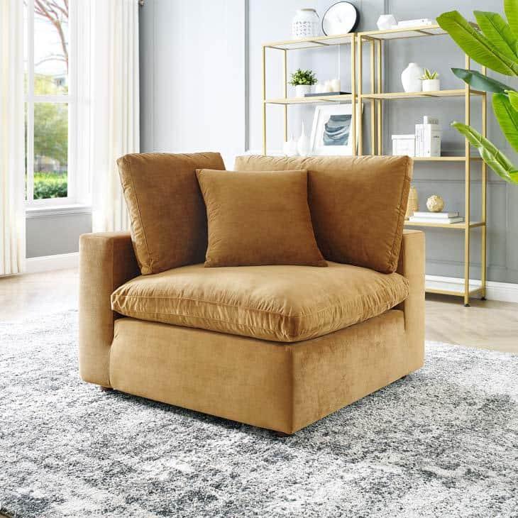 Modway Commix Down Filled Overstuffed Performance Velvet Corner Chair in Cognac