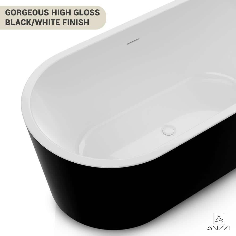 ANZZI Chand Series 55 Inch Acrylic Freestanding Pre-Plumbed Solid Deep Soaker Stand Alone Bathtub With Built-In Overflow And Drain In Black/White