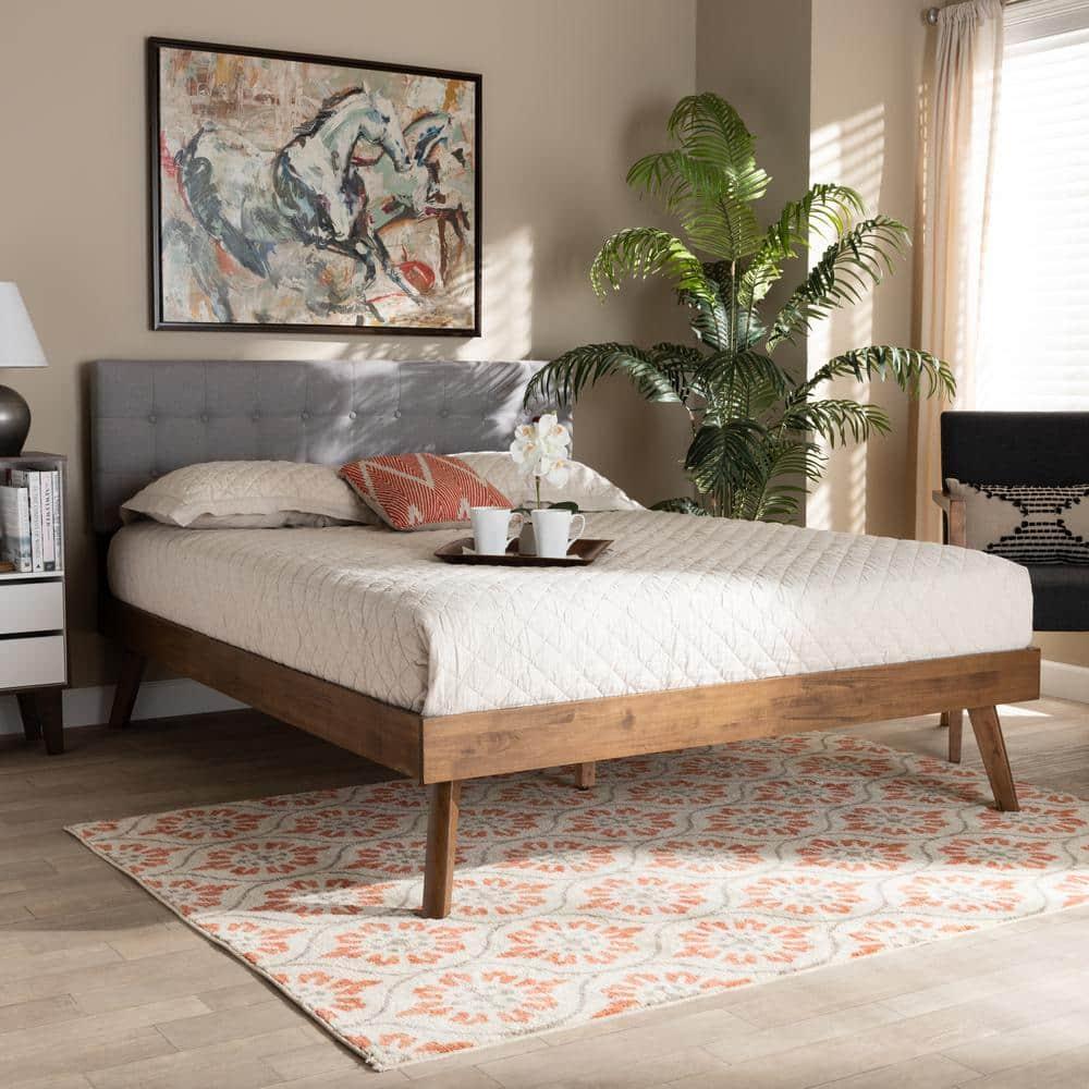 Queen Devan Fabric Upholstered Platform Bed with Headboard - Baxton Studio: Mid-Century Modern Style