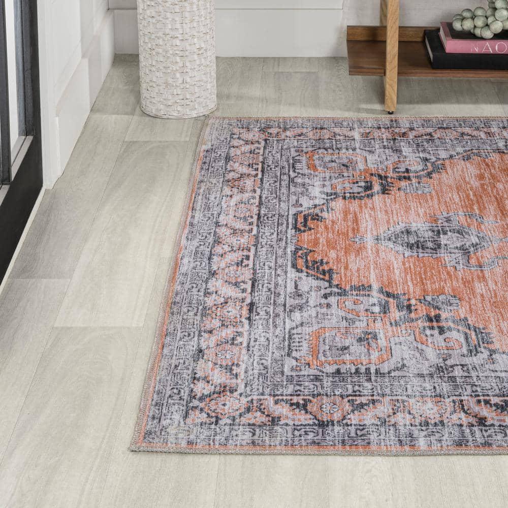 Wincer Chenille Cottage Medallion Machine-Washable Orange/Gray 5 ft. x 8 ft. Area Rug - JONATHAN Y