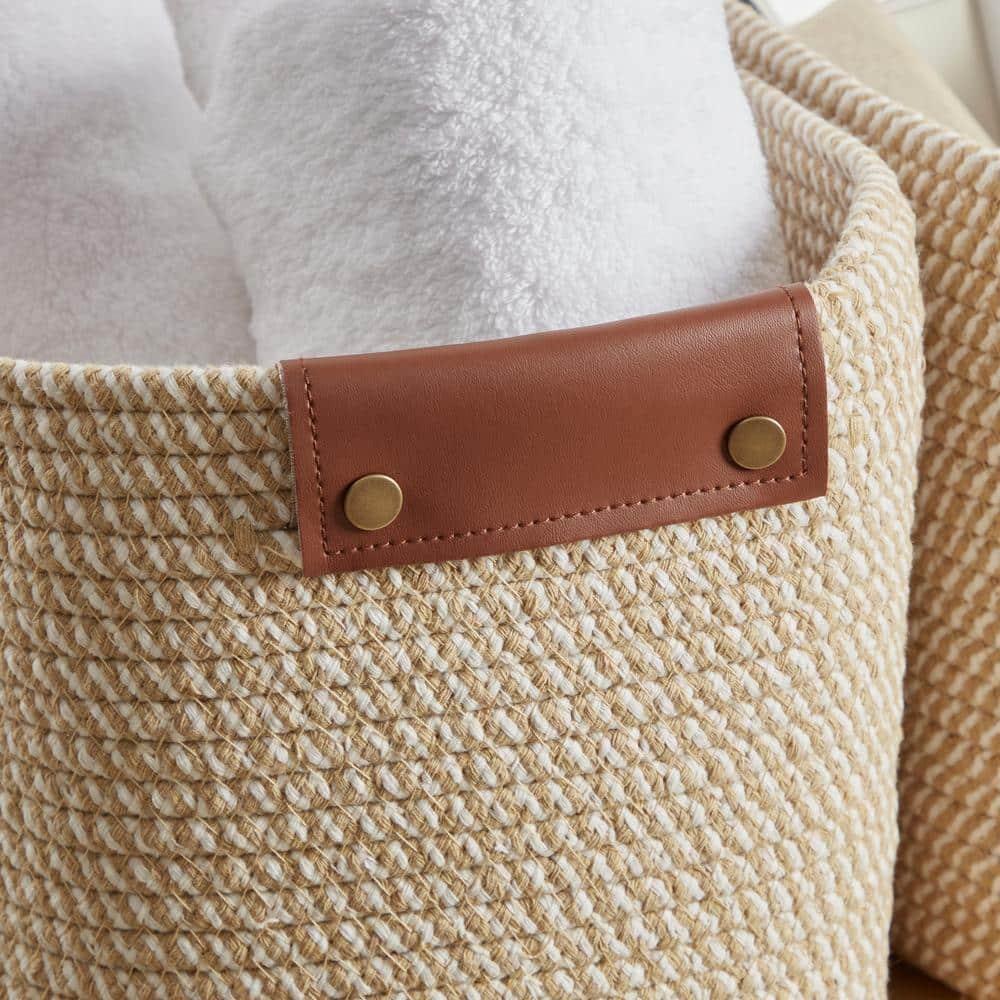 Ornavo Home 3 Pack Cotton Rope Shelf Storage Basket with Faux Leather Handles - Multi Brown