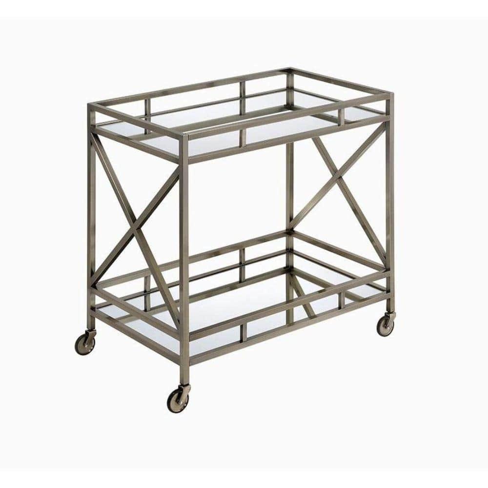 Benzara Metal Framed Two Tier Serving Cart with X Shaped Side Panels, Mirrored, Antique Gold