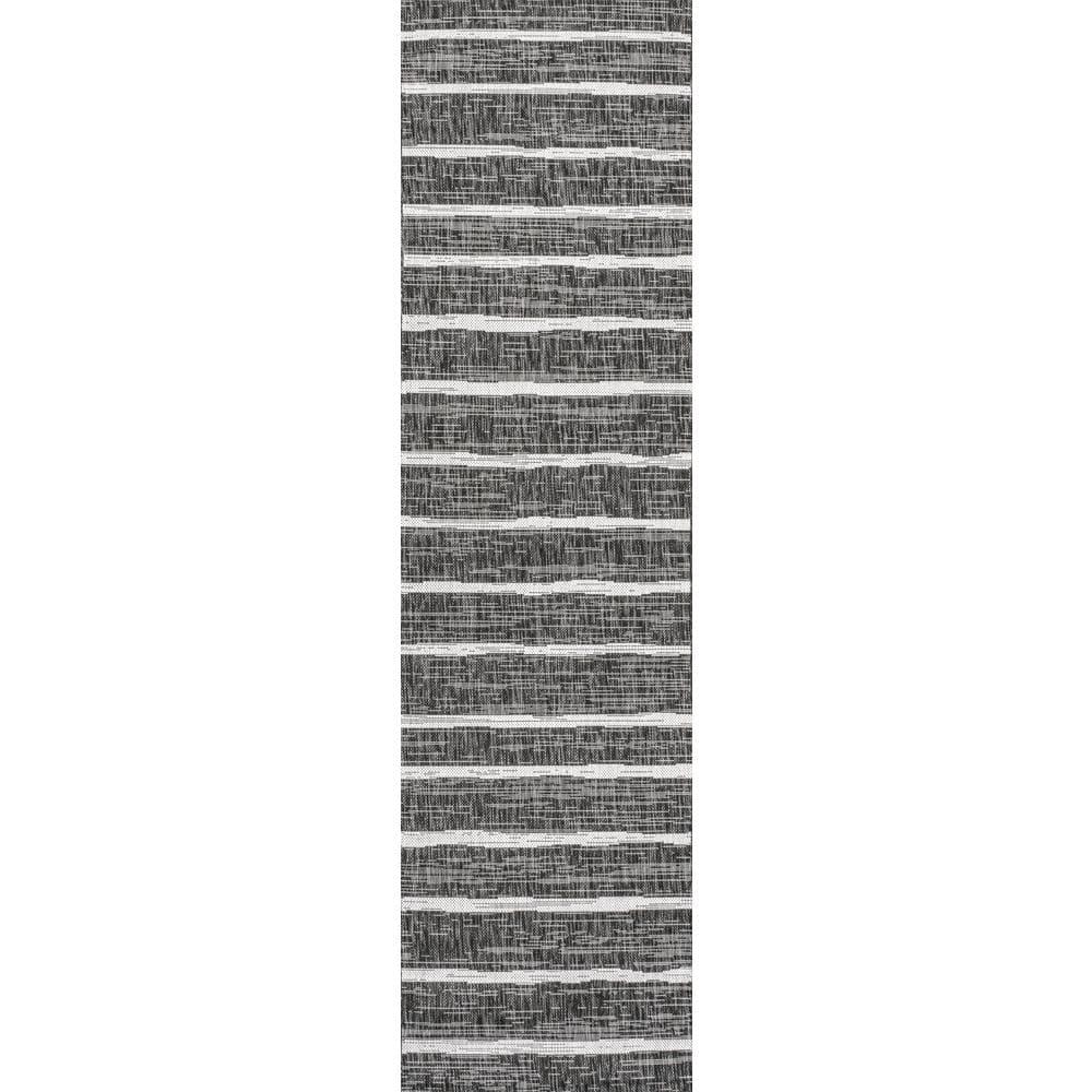 2' x 8' Colonia Berber Stripe Indoor/Outdoor Runner Rug, Black/Ivory - JONATHAN Y