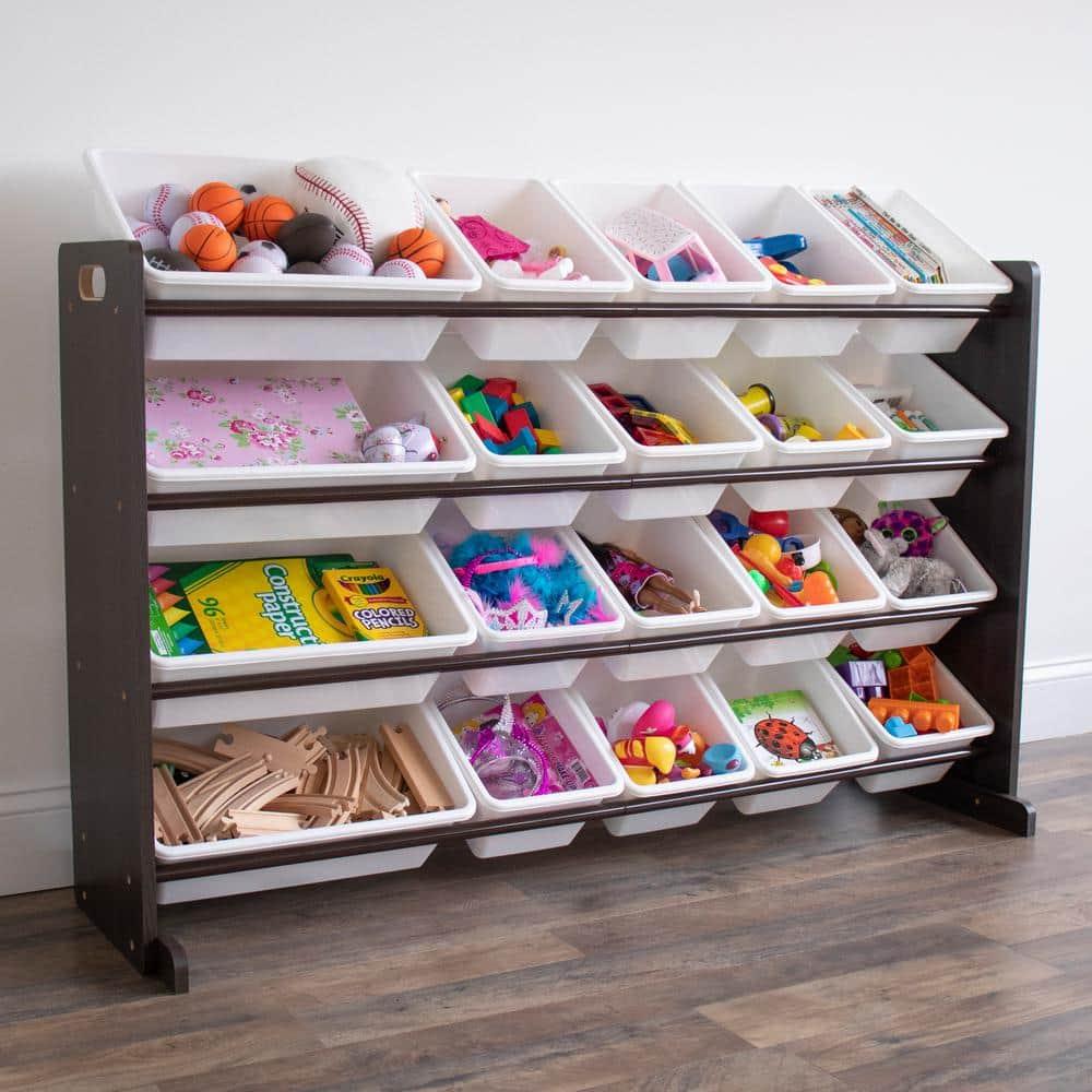 Extra Large Kids' Toy Storage Organizer with 20 Storage Bins Espresso/White - Humble Crew: Playroom Bin Shelf, MDF