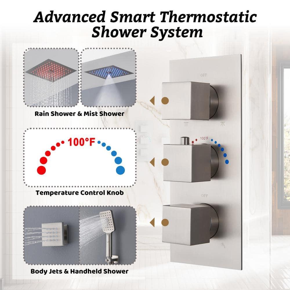 12" Flush Mounted Luxury Thermostatic Rainfall Shower System with LED and 6 Body Jets