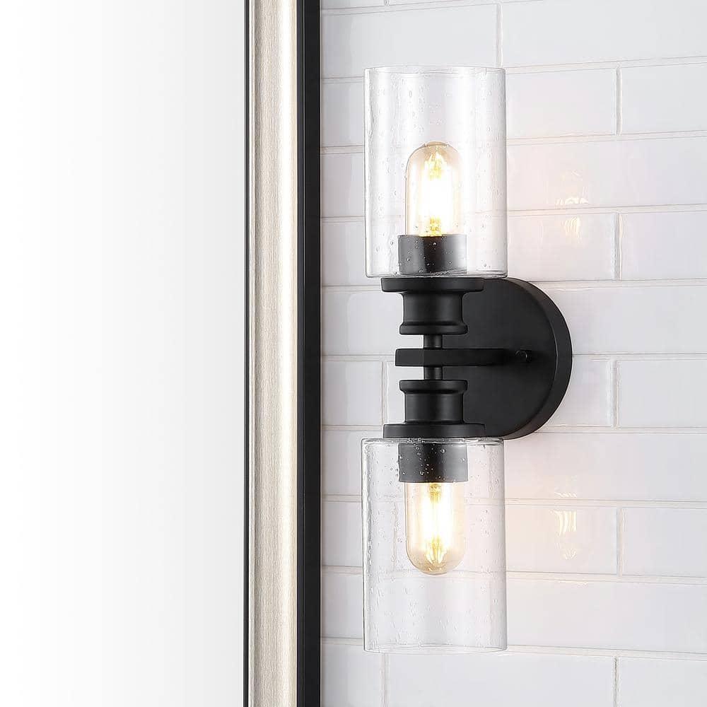 JONATHAN Y Jules Edison 16.5" Cylinder 2-Light Iron/Seeded Glass Farmhouse Contemporary LED Wall Sconce, Black