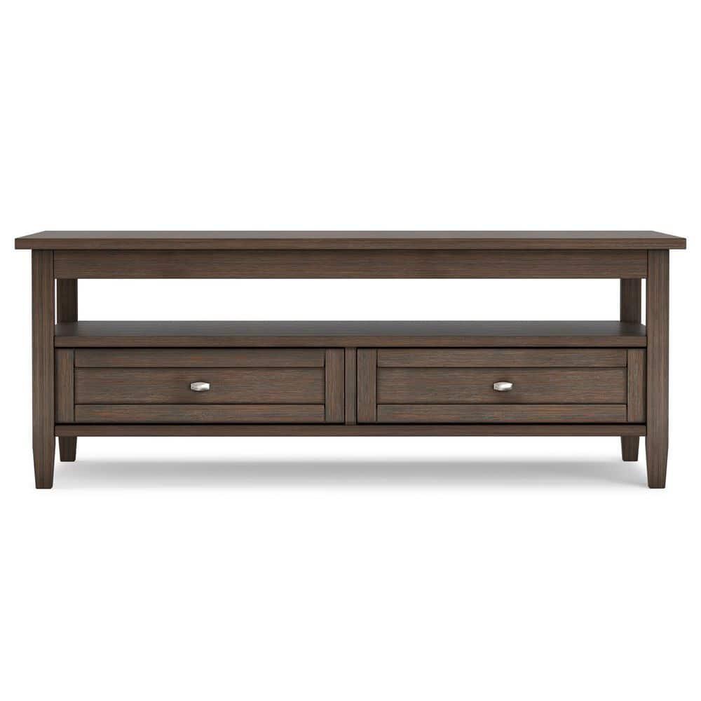 Simpli Home Warm Shaker 48"W Solid Wood Coffee Table with Two Storage Drawers and Open Shelf