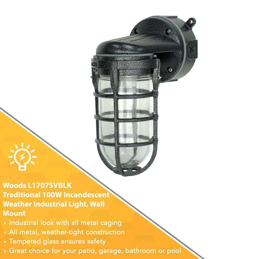 Woods L1707SVBLK Wall Mount Light in Hammered Black Finish Sturdy Die Cast Aluminum Cage, Suitable for Indoor and Outdoor Use