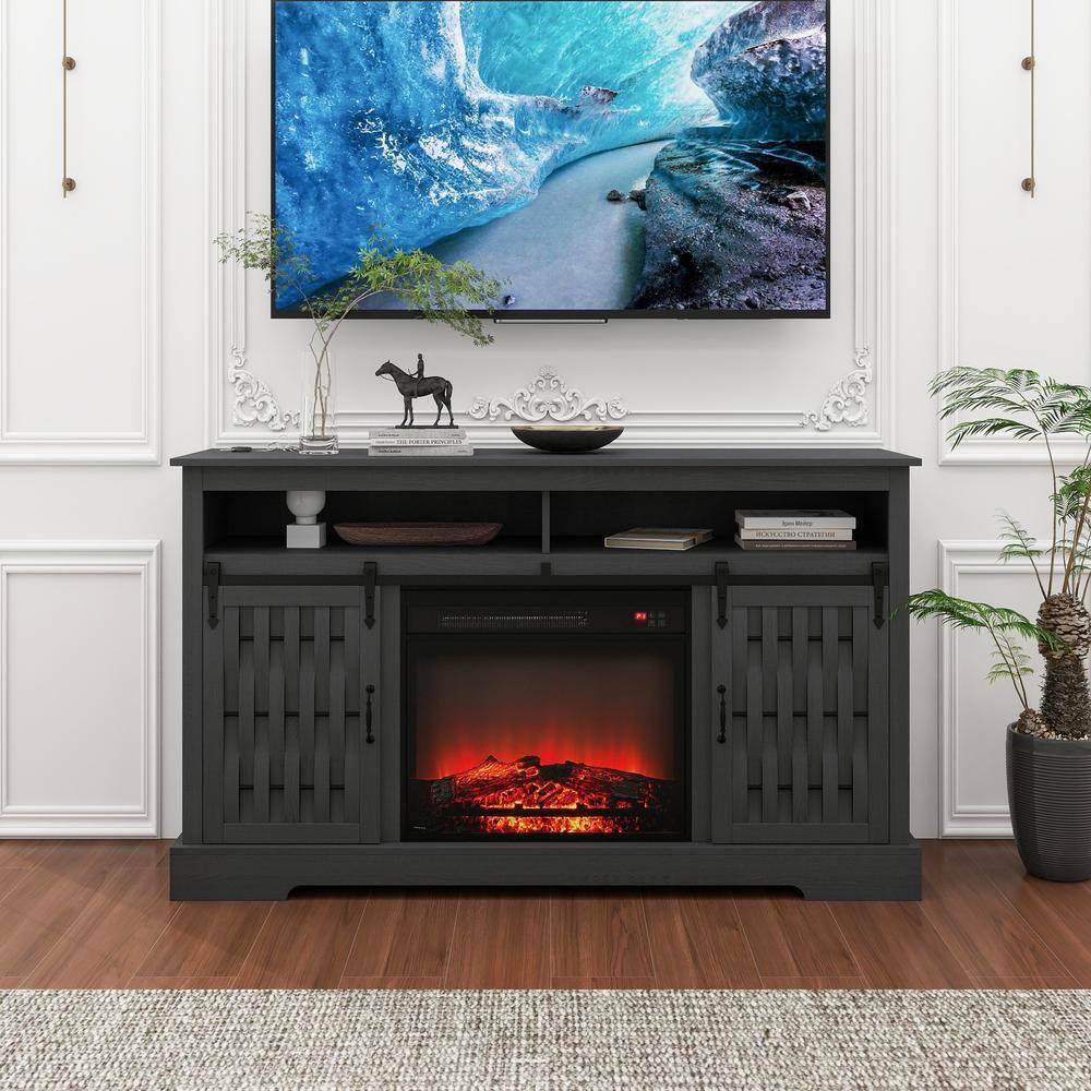 58 in. TV Stand for TVs up to 65 in. With 23 in. Embedded Electric Fireplace and Sliding Barn Door in Dark Gray