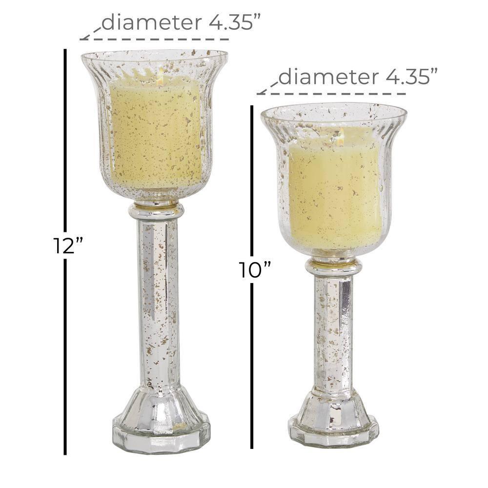 DecMode 2-Slot Silver Glass Pillar Hurricane Lamp with Faux Mercury Glass Finish, Set of 2