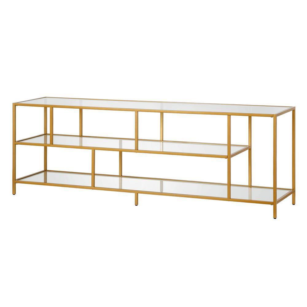 Evelyn&Zoe Winthrop Rectangular TV Stand with Glass Shelves for TV's up to 75", Brass