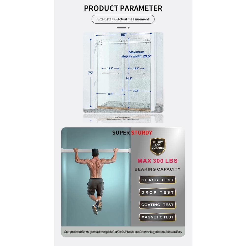 LAWRENCE 56-60"W X 75"H Frameless Double Sliding Shower Door, 304 Stainless Steel In Matte Black, 5/16" (8Mm) Thick SGCC Tempered Clear Glass. | Wayfair