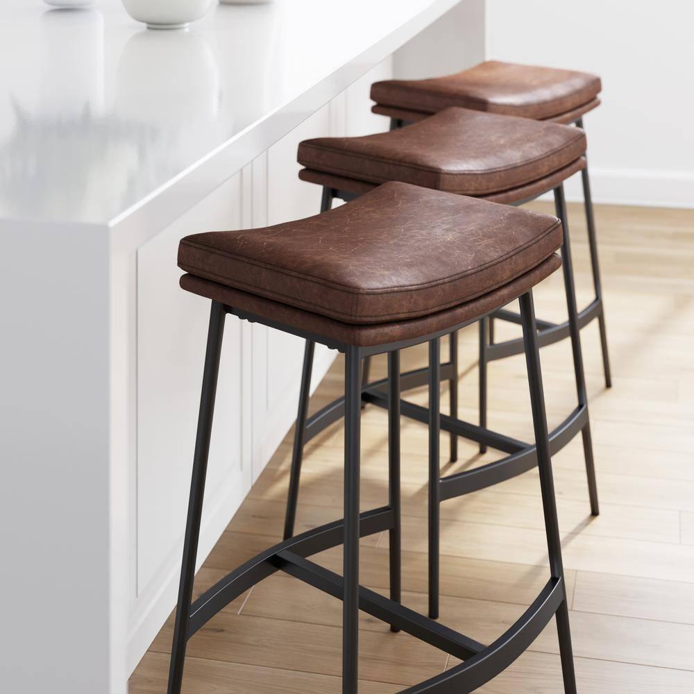 Upholstered Counter Height Metal Barstool Vintage Brown/Matte Black - Nathan James: Faux Leather, Modern Farmhouse Kitchen, 275 lbs Limit