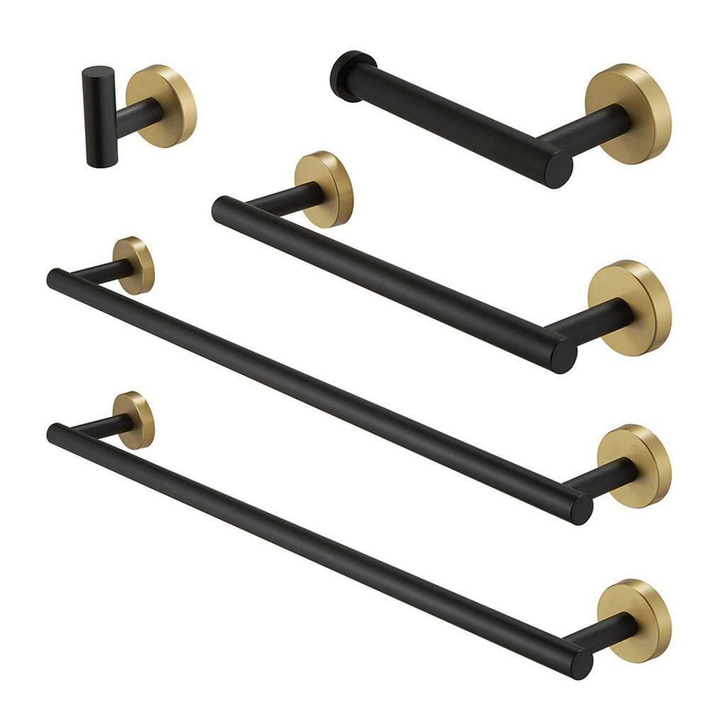 5 Pieces Black Gold Bathroom Hardware Set, 23.6 Inches Bathroom Towel Rack Set Bath Towel Bar Set, SUS304 Stainless Steel Bathroom Accessories Kit Wall Mounted