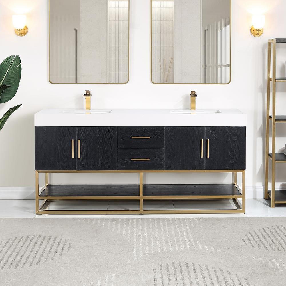 Altair Tocador de 4 Puertas de Madera y Piedra Compuesta de Diseño Bianco en Roble Negro/blanco