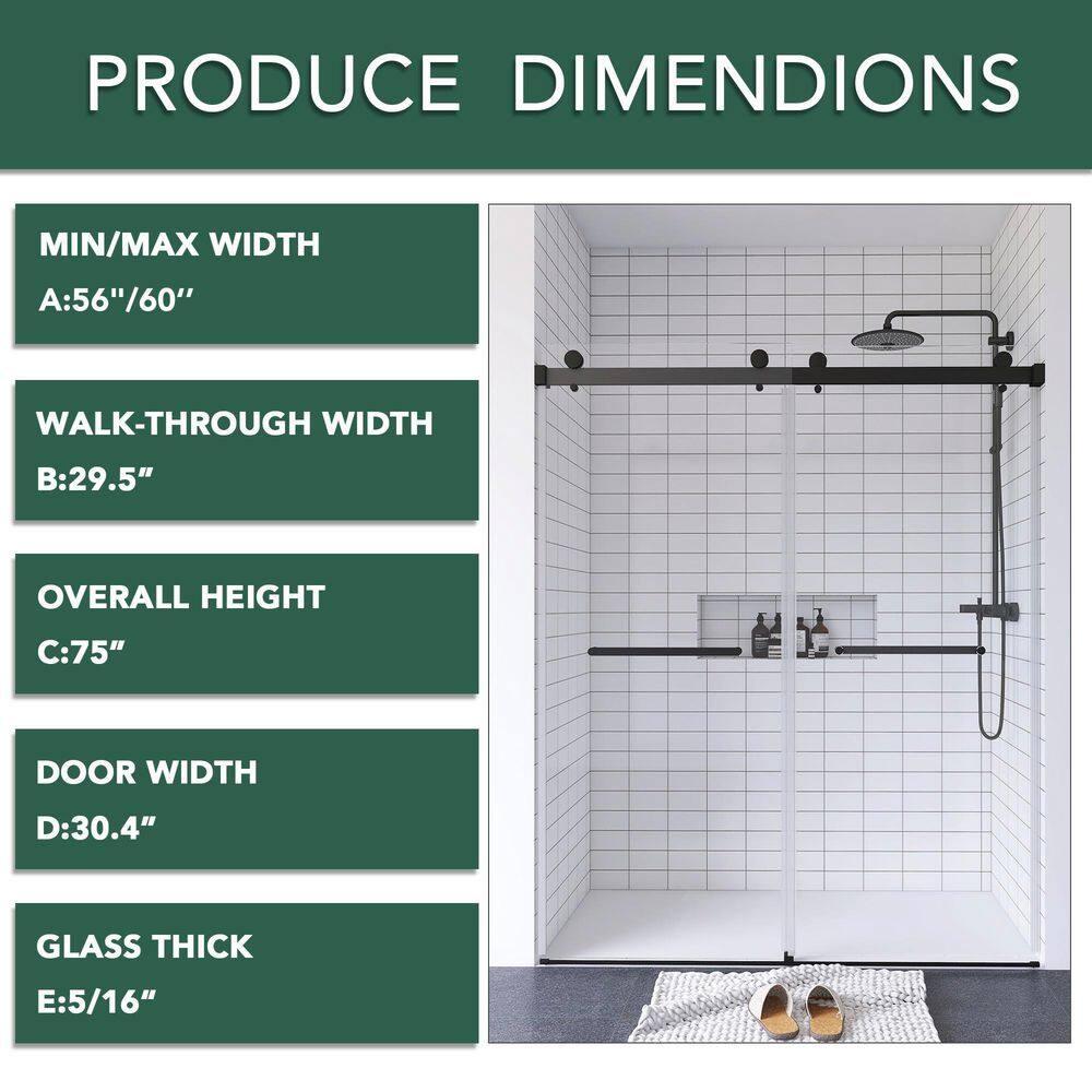 LAWRENCE 56-60"W X 75"H Frameless Double Sliding Shower Door, 304 Stainless Steel In Matte Black, 5/16" (8Mm) Thick SGCC Tempered Clear Glass. | Wayfair
