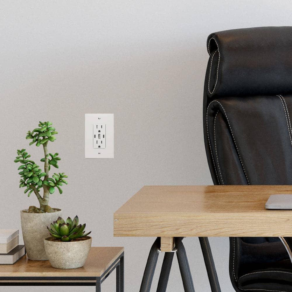 6.0A USB Outlet, 3-Port 30W Wall Outlets with 2 Type C & 1 Type A, 15 Amp Receptacle Plug, Tamper Resistant Receptacle, Standard Wall Plate Included, ETL Listed, White, 1 Pack