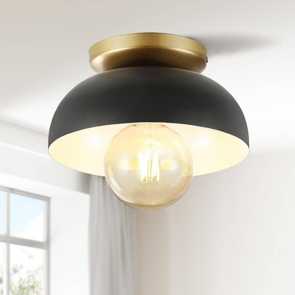 Paulina 8.5" 1-Light Classic Industrial Iron LED Flush Mount, Black/Gold Painting