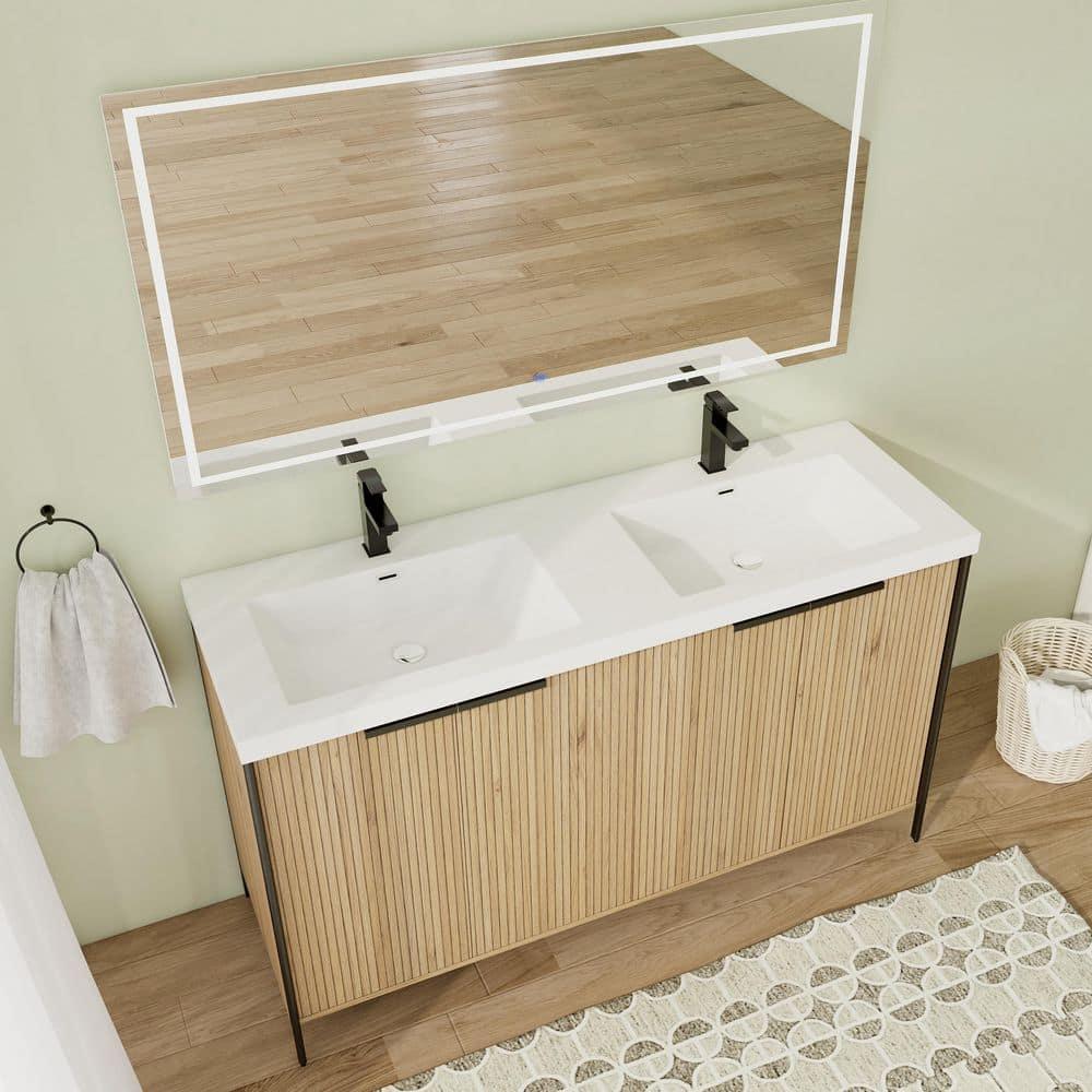SSLine 24" Bathroom Vanity Cabinet Mid-Century Modern Under-Sink Cabinet Freestanding Bathroom Cabinet with Adjustable Storage Shelves,Natural Brown Stripe (Sink Not Include
