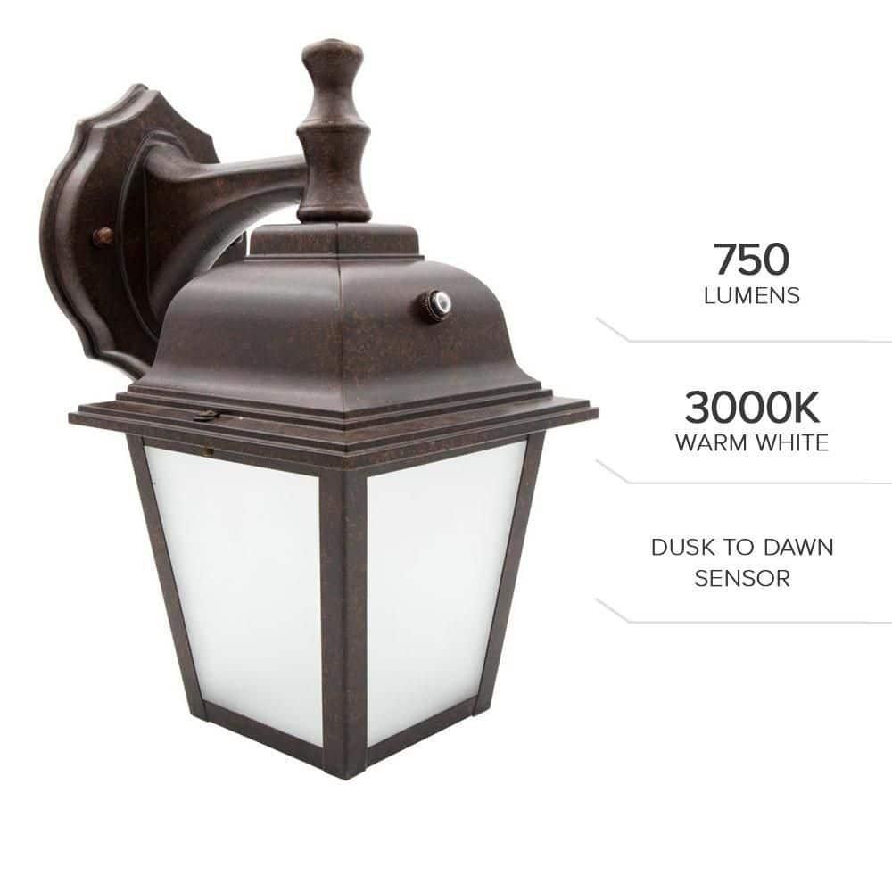 Maxxima LED Porch Lantern Outdoor Wall Light, Aged Bronze w/ Frosted Glass, Dusk to Dawn Sensor, 3000K