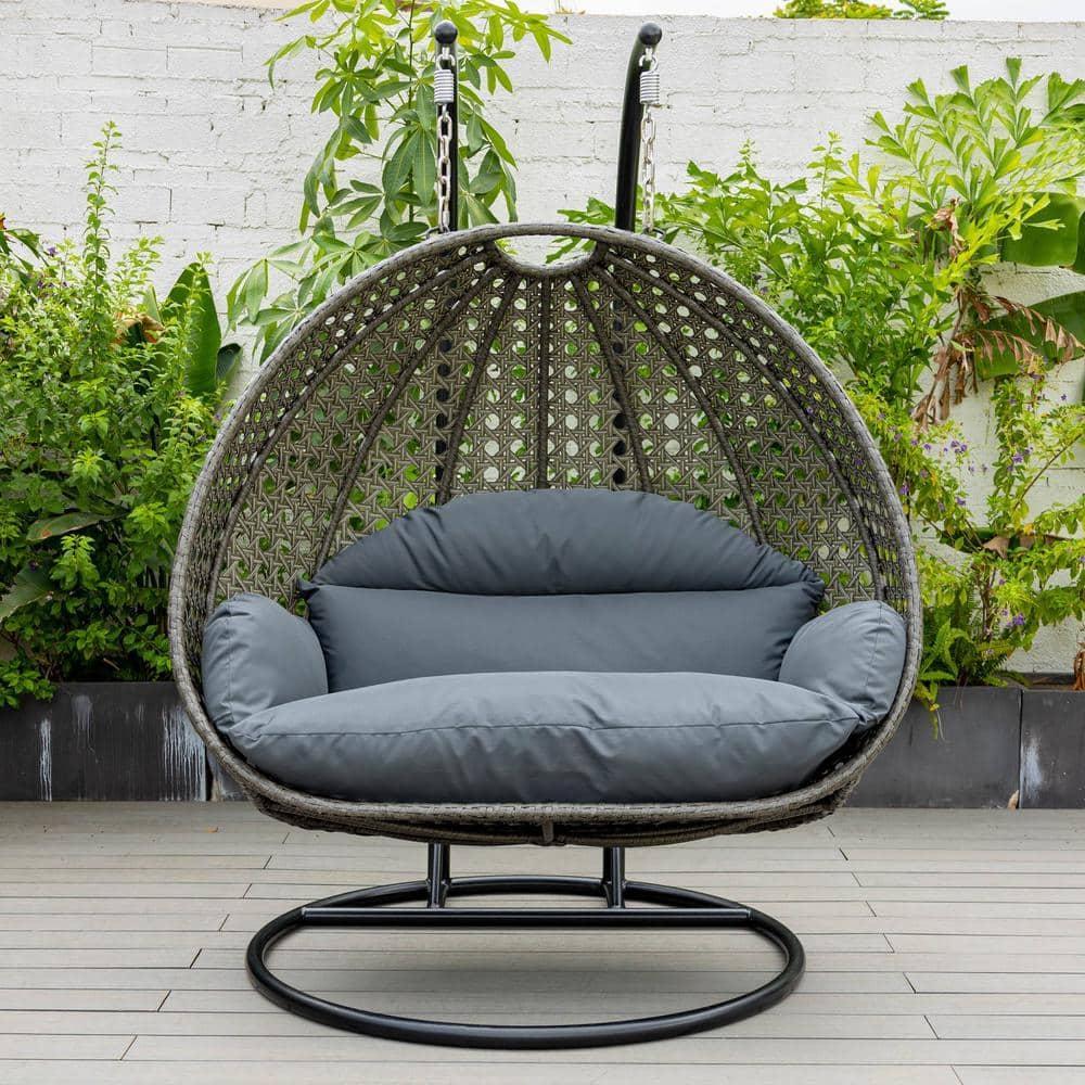 LeisureMod Charcoal Wicker Hanging 2 person Egg-Shaped Swing Chair, Dark Grey