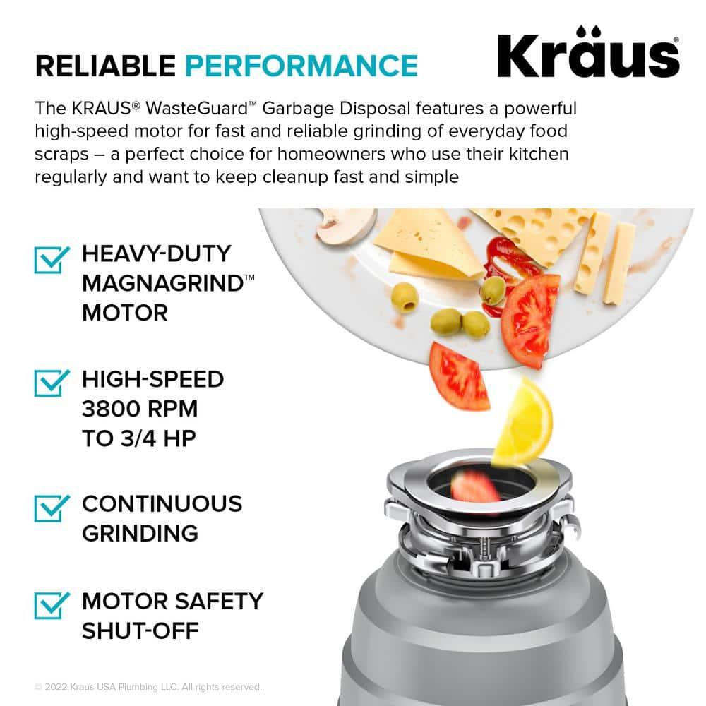 Kraus KRAUS Wasteguard High-Speed 3/4 HP Continuous Feed Ultra-Quiet Motor Garbage Disposal With Power Cord And Flange Included And Universal Mount, KWD210-75MGR