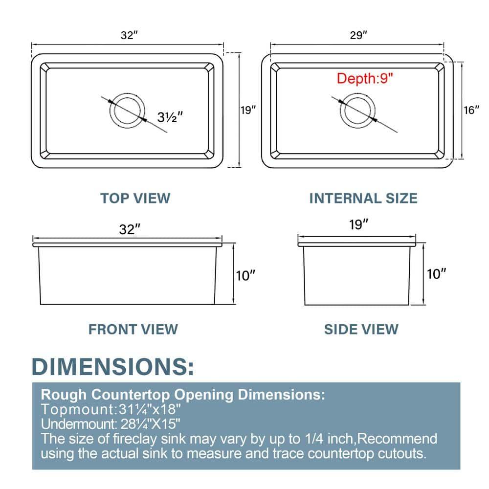 32" L x 19" W Single Bowl Fireclay Kitchen Sinks White with Bottom Grids and Basket Strainer