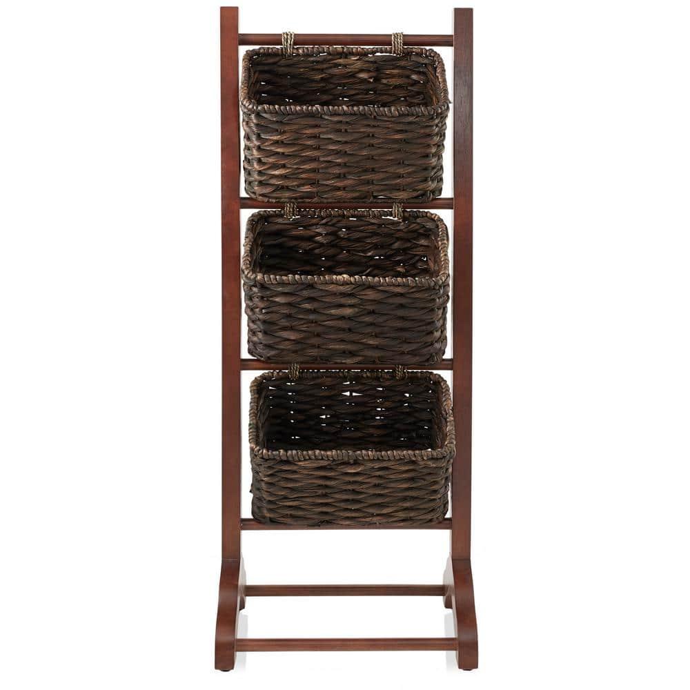 Casafield 3-Tier Floor Stand with Hanging Storage Baskets, Walnut/Espresso - Wood Tower Rack for Bathroom, Kitchen, Laundry, Living Room