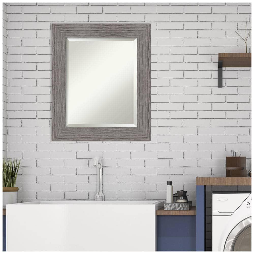Amanti Art Grey Bathroom Mirror for Over Sink, 26x22 Pinstripe Plank Grey Rectangle Vanity Mirror, Small Country Rustic Frame, Hangs Horizonally and Vertically, Bathroom Wall Decor, Beveled Edge