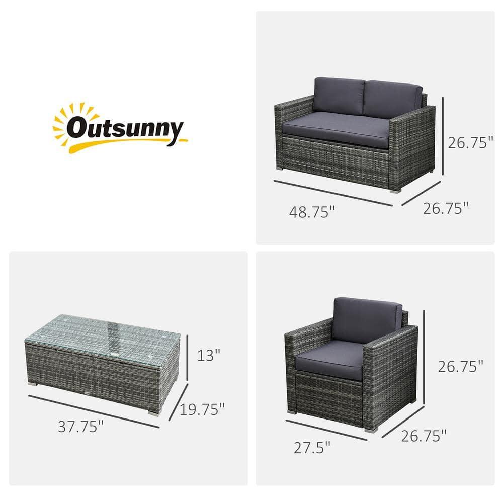 Outsunny 4-Piece Rattan Wicker Furniture Set, Outdoor Cushioned Conversation Furniture with 2 Chairs, Loveseat, and Glass Coffee Table, Gray