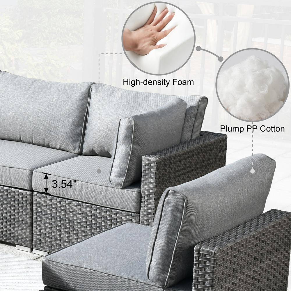 Ovios Venice 11pc Wicker Outdoor Patio Furniture Set Conversation Sofa with a Metal Fire Pit Swivel Chairs and Dark Gray Cushions