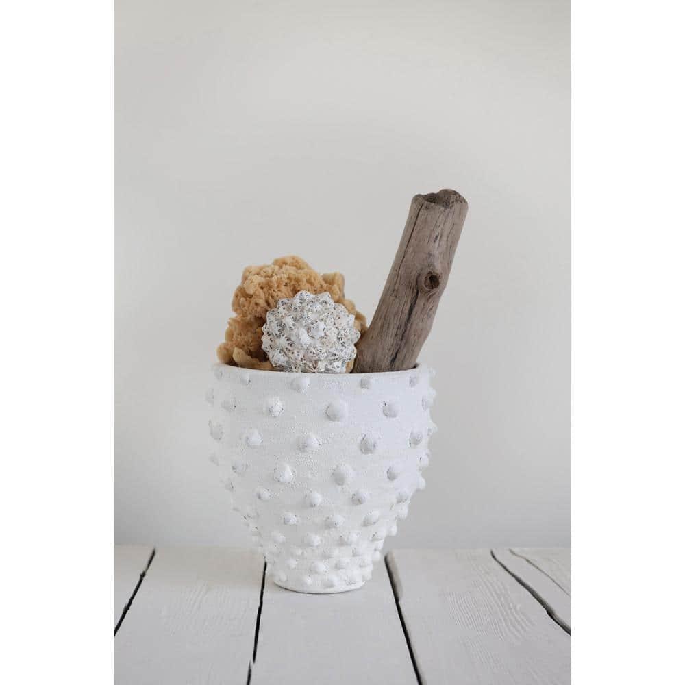 Creative Co-Op Round Terra-cotta Crock with Pointed Polka Dots and Distressed Volcano Glaze, White