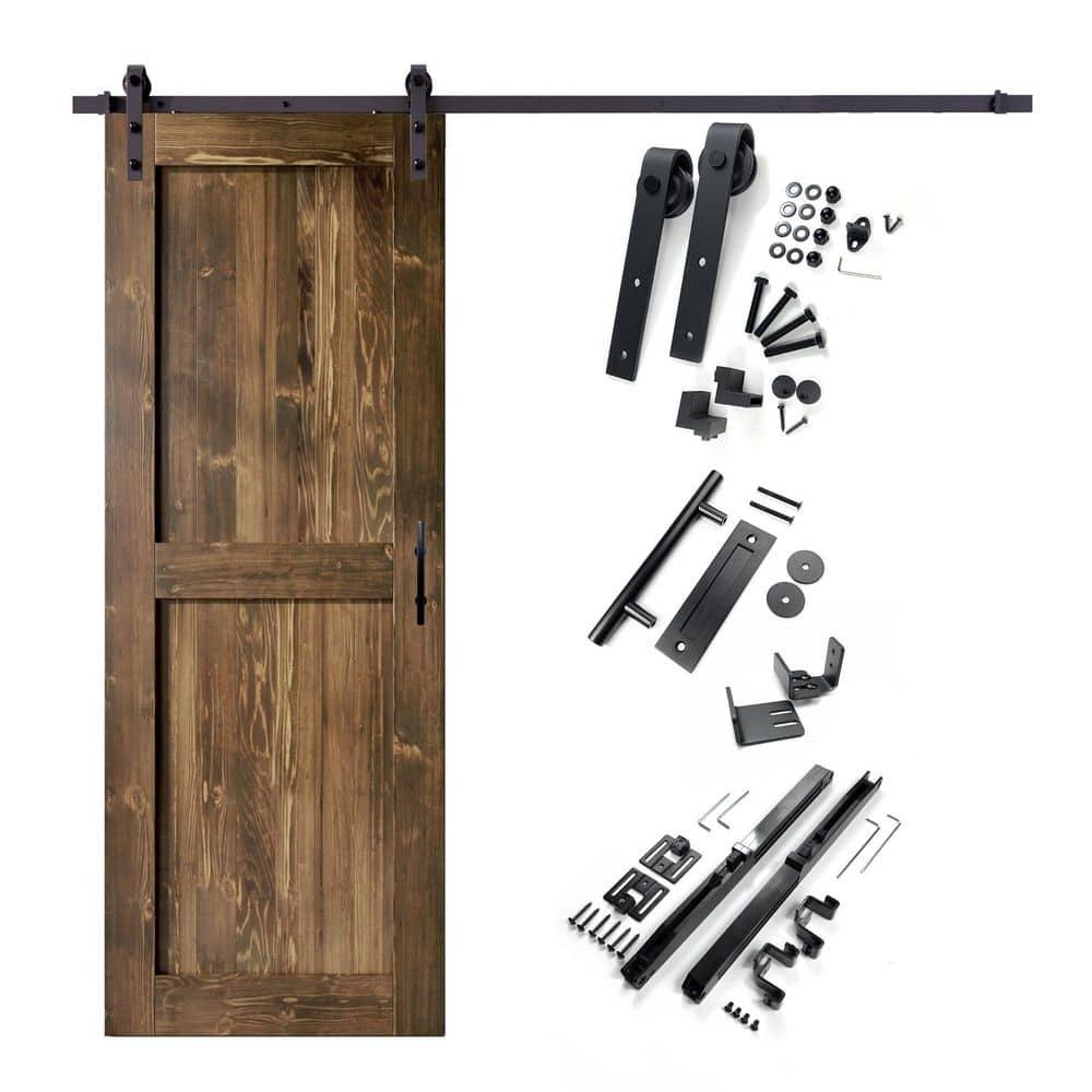 Homacer H Design Color Solid Pine Wood Unassembled Door with Black Rustic Installation Hardware Kit