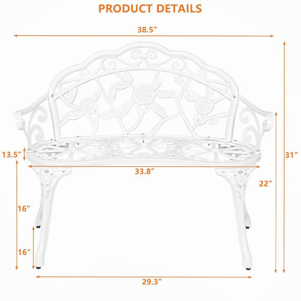 WANCQ 38.5" Patio Park Garden Outdoor Metal Rose Bench,Cast Iron Cast Aluminium Frame Antique Finish Chair,Accented Lawn Front Porch Path Yard Decor Deck Furniture for 2 Person Seat（White)