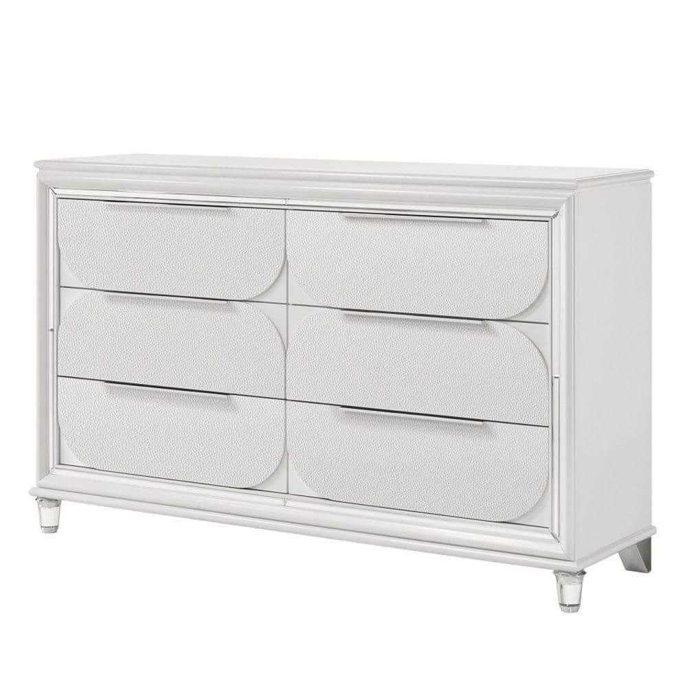 Benjara Rara 64 Inch Wide Dresser, 6 Drawers, Mirror Trim, Acrylic Legs, White