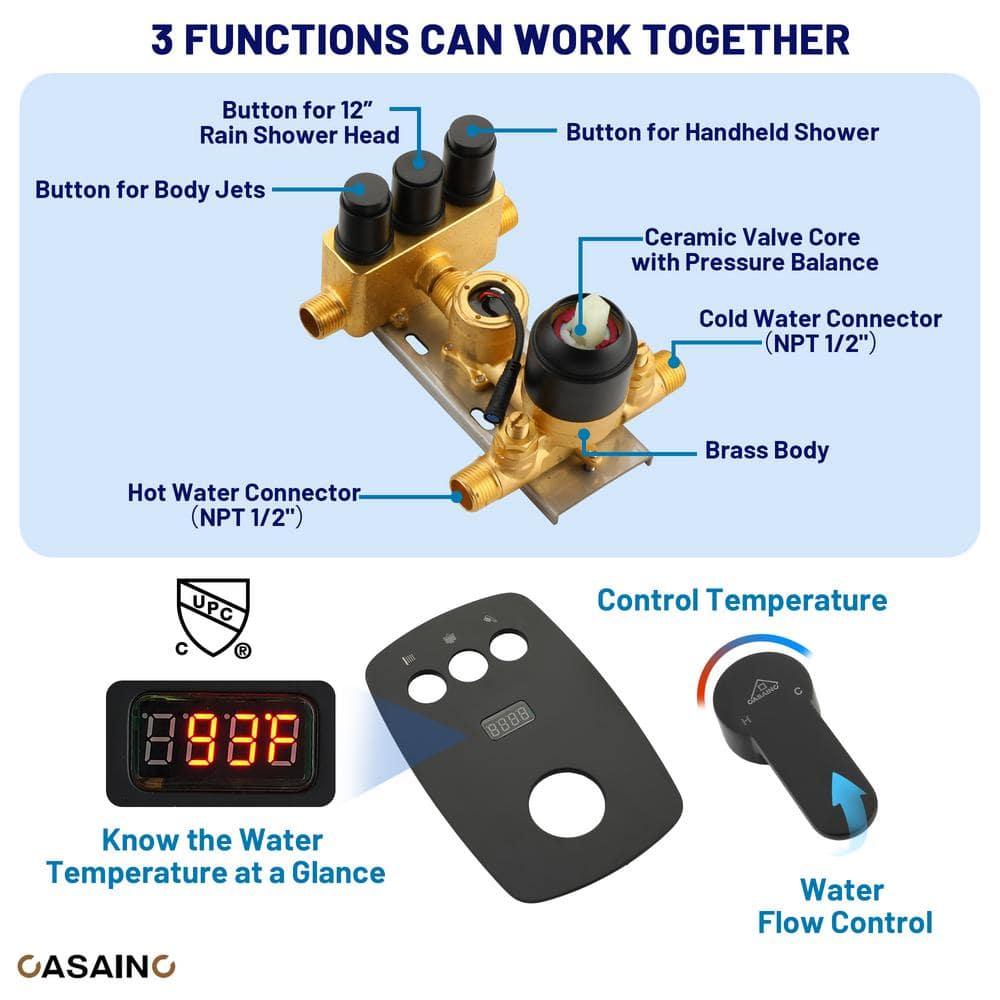 3-Function 12 Inch Temperature Digital Display Shower System With 2-Setting Slider Bar Handheld And 4Pcs Body Jets