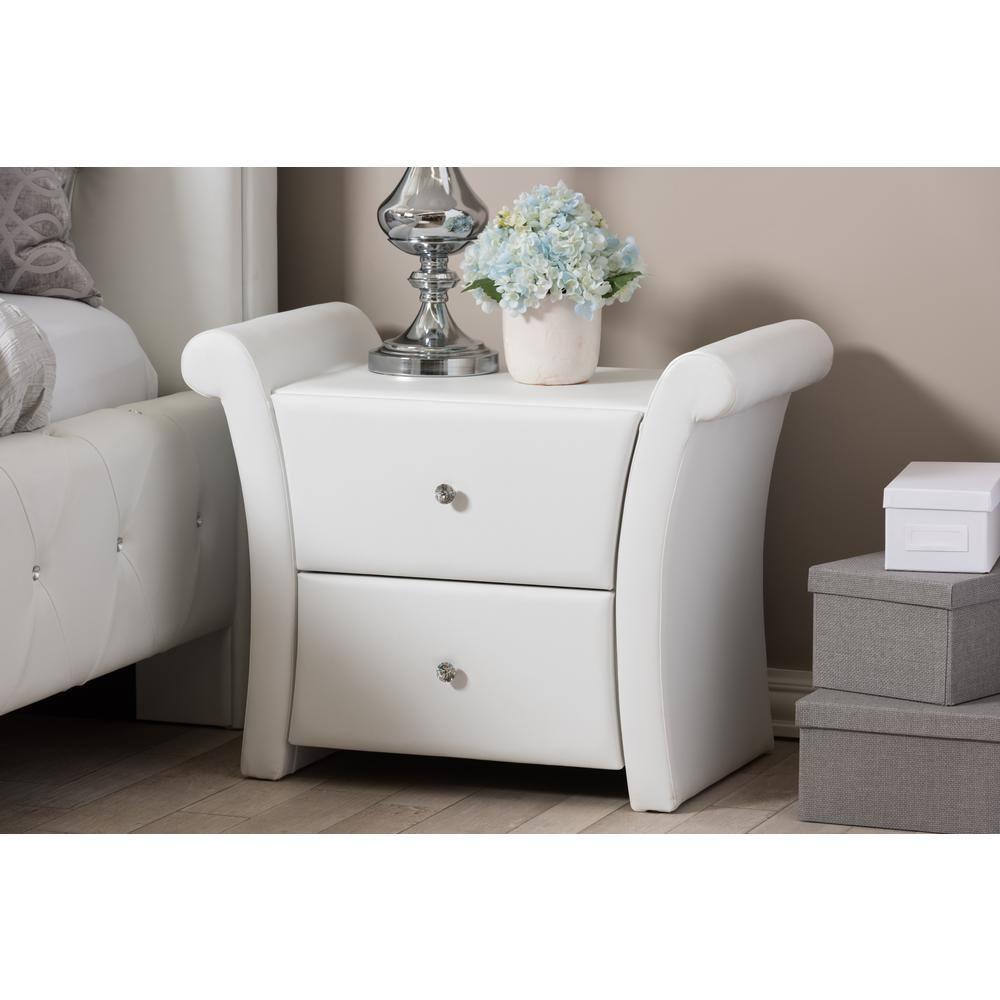Victoria Matte Faux Leather Leather 2 Storage Drawers Nightstand Bedside Table - White - Baxton Studio