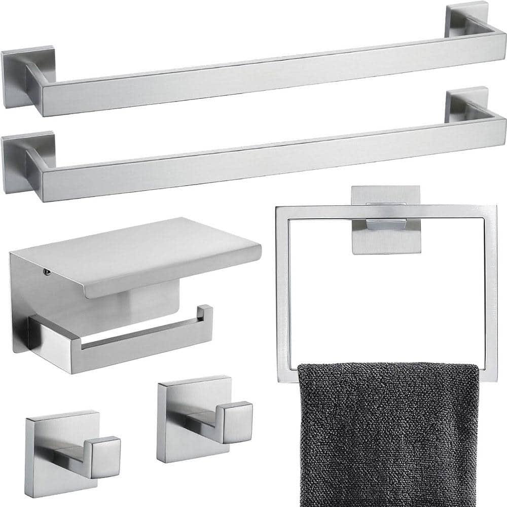 Brushed Nickel Bathroom Towel Bar Set Bathroom Accessories Hardware Set Including Double Towel Bar Towel Ring Coat Hook and Toilet Paper Holder with Shelf. Wall Mounted Stainless Steel