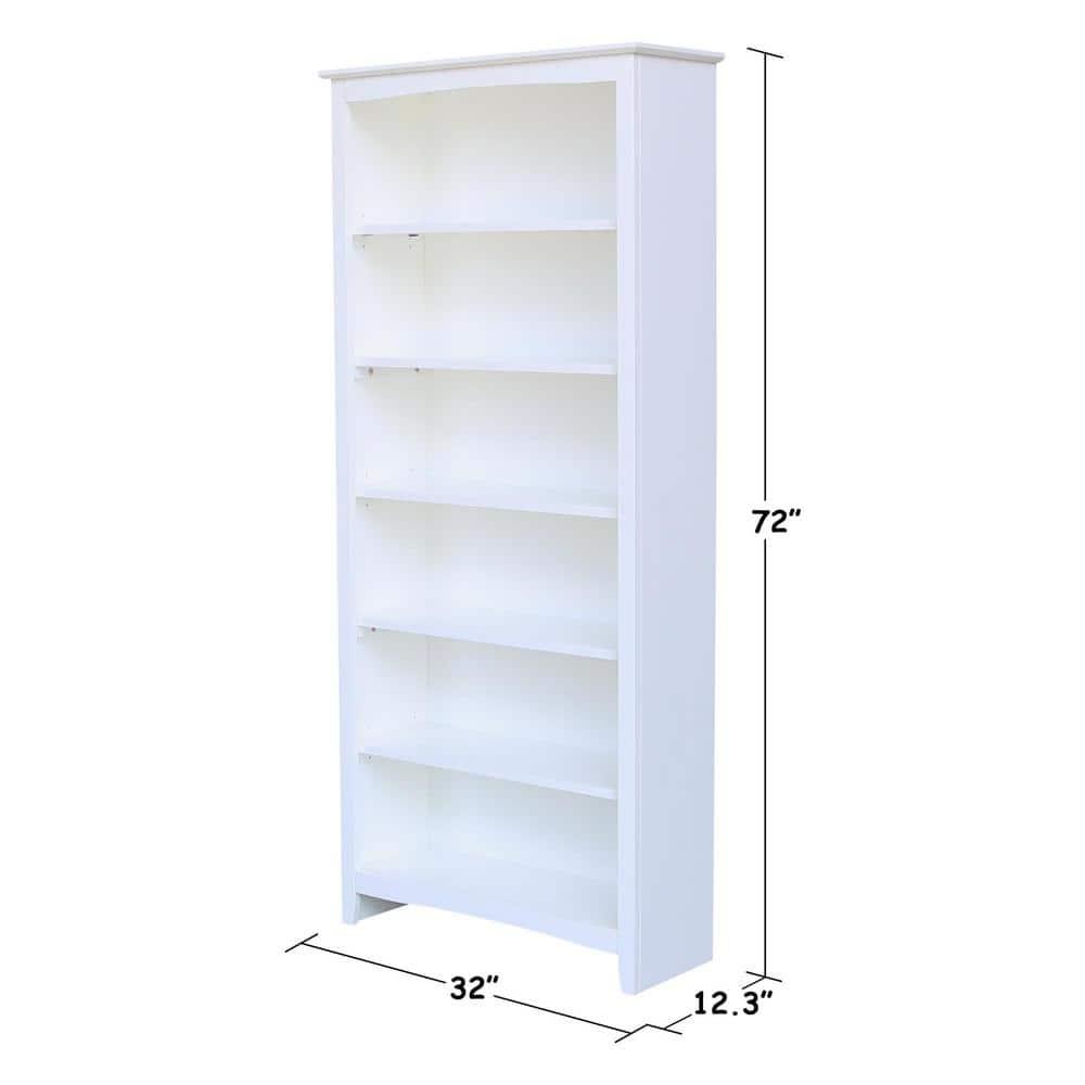 72" Shaker Bookshelf White - International Concepts: Solid Wood, 5 Fixed & Adjustable Shelves