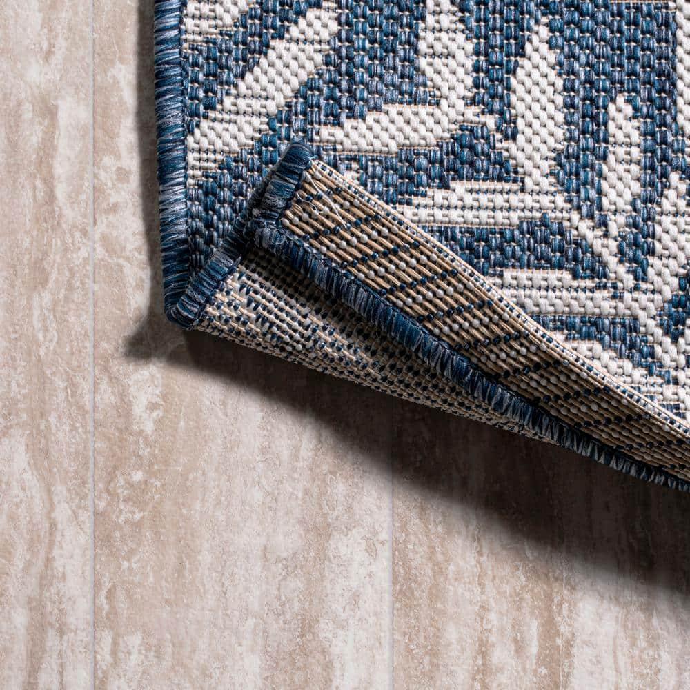 5' Square Nevis Palm Frond Indoor/Outdoor Area Rug, Navy/Ivory - JONATHAN Y