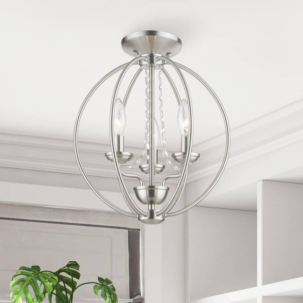 Delridge 12 in.  3-Light Brushed Nickel Globe Convertible Chandelier/Semi Flush with Clear Crystals