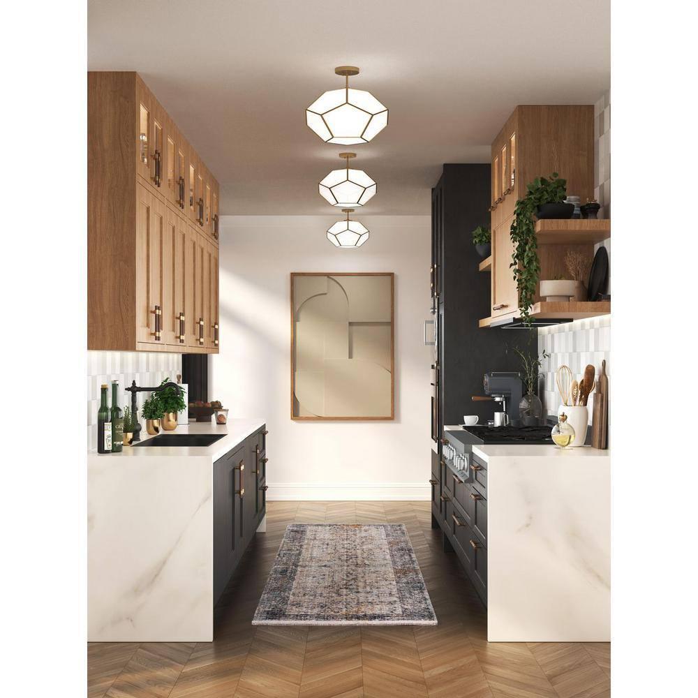 Progress Lighting Latham 3-Light Semi-Flush Mount, Vintage Gold, White Art Glass. Geometric framework with handmade glass.